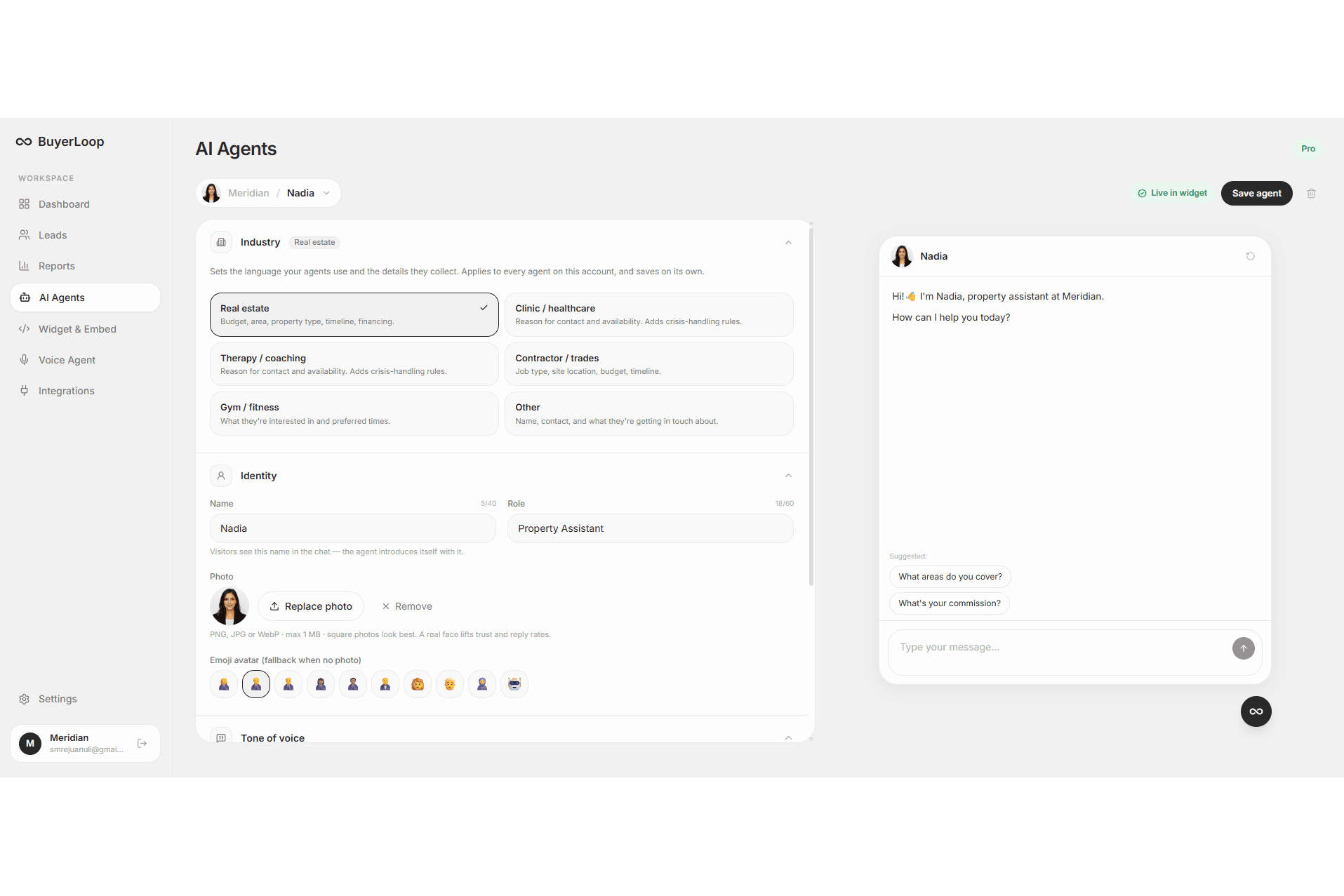 BuyerLoop AI agents page with the tabbed training editor