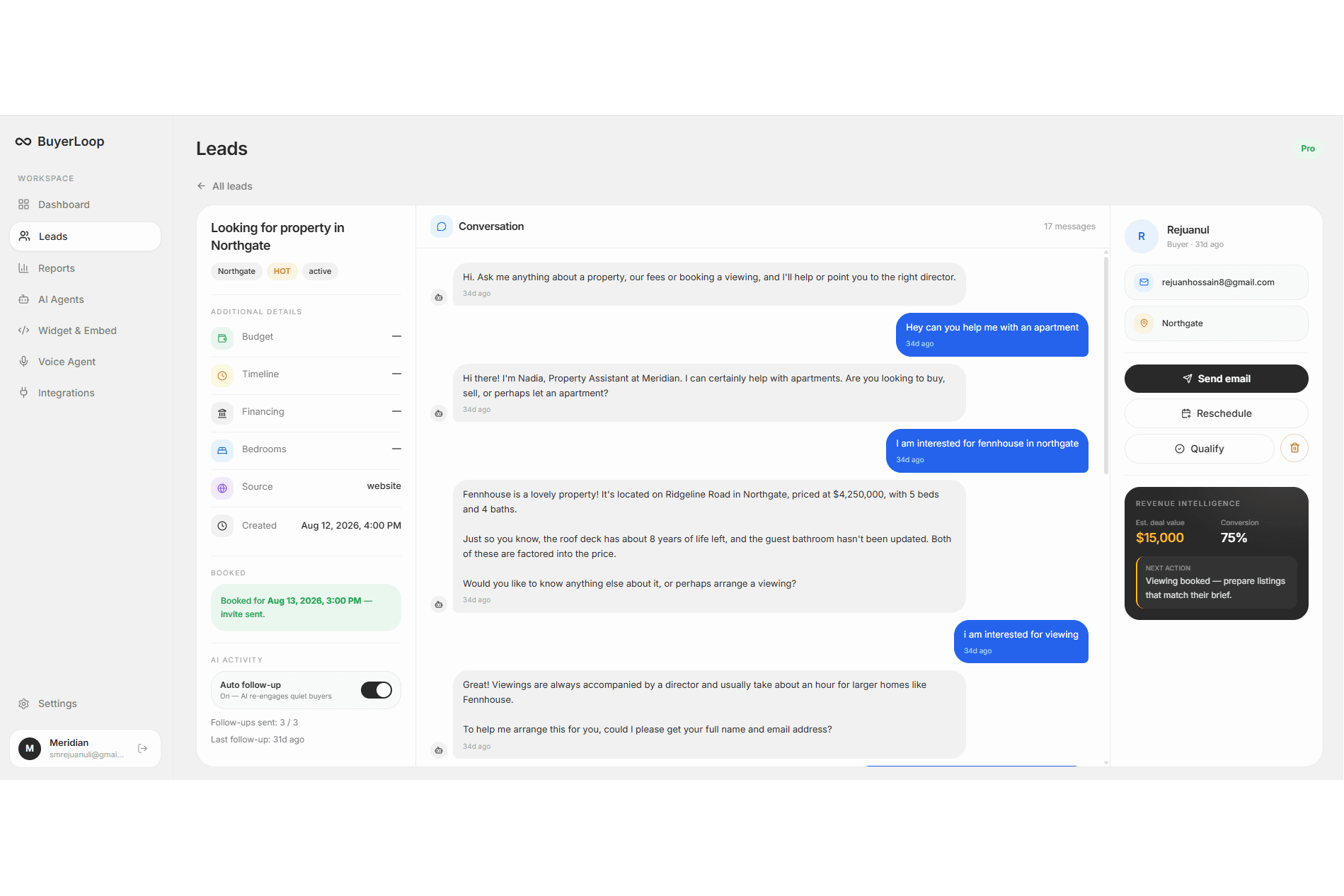 BuyerLoop lead page with a Gemini drafted reply and calendar booking