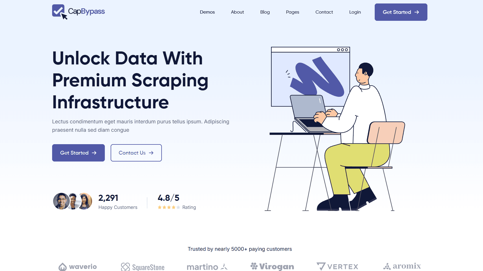 CapByPass homepage with the headline Unlock data with premium scraping infrastructure