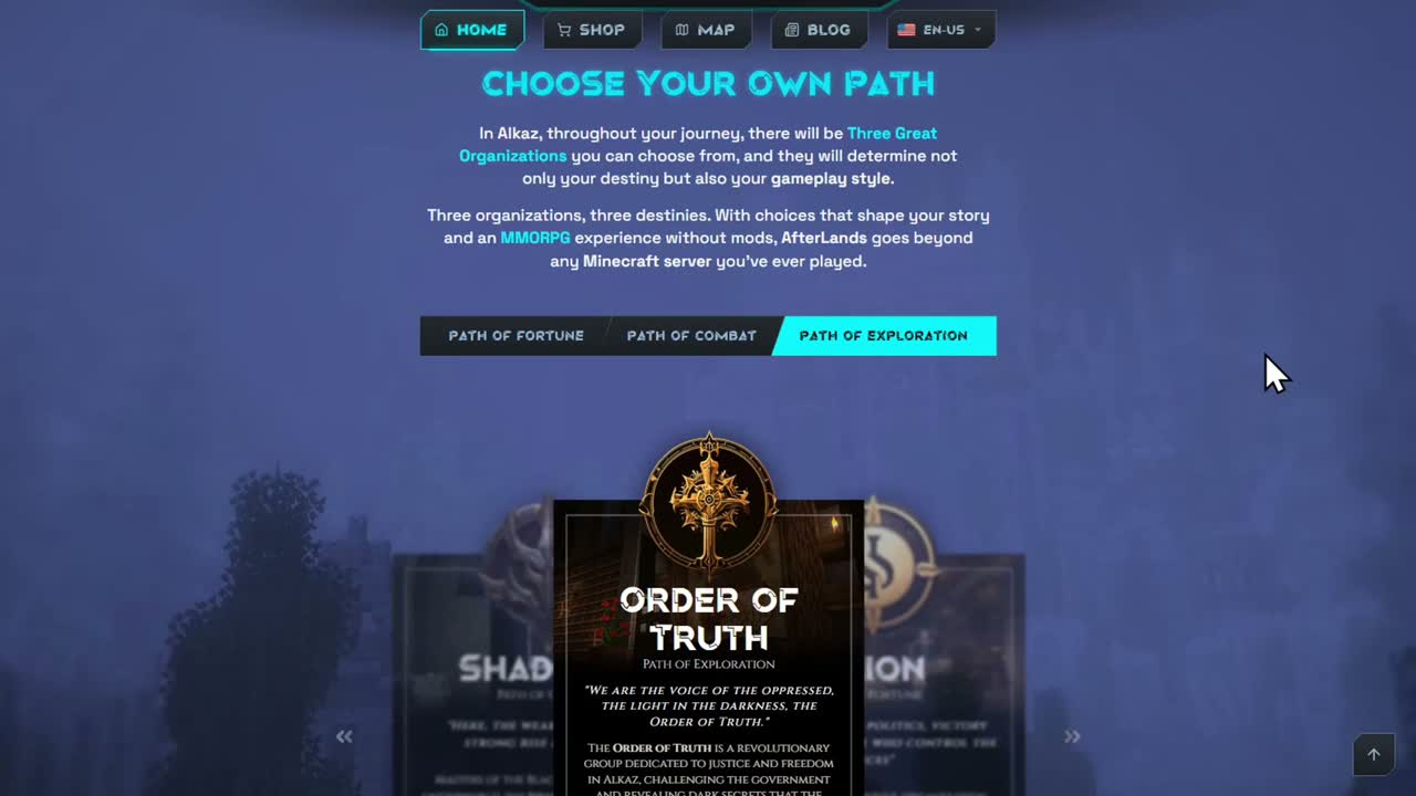 AfterLands choose your path section with an expanded faction lore panel
