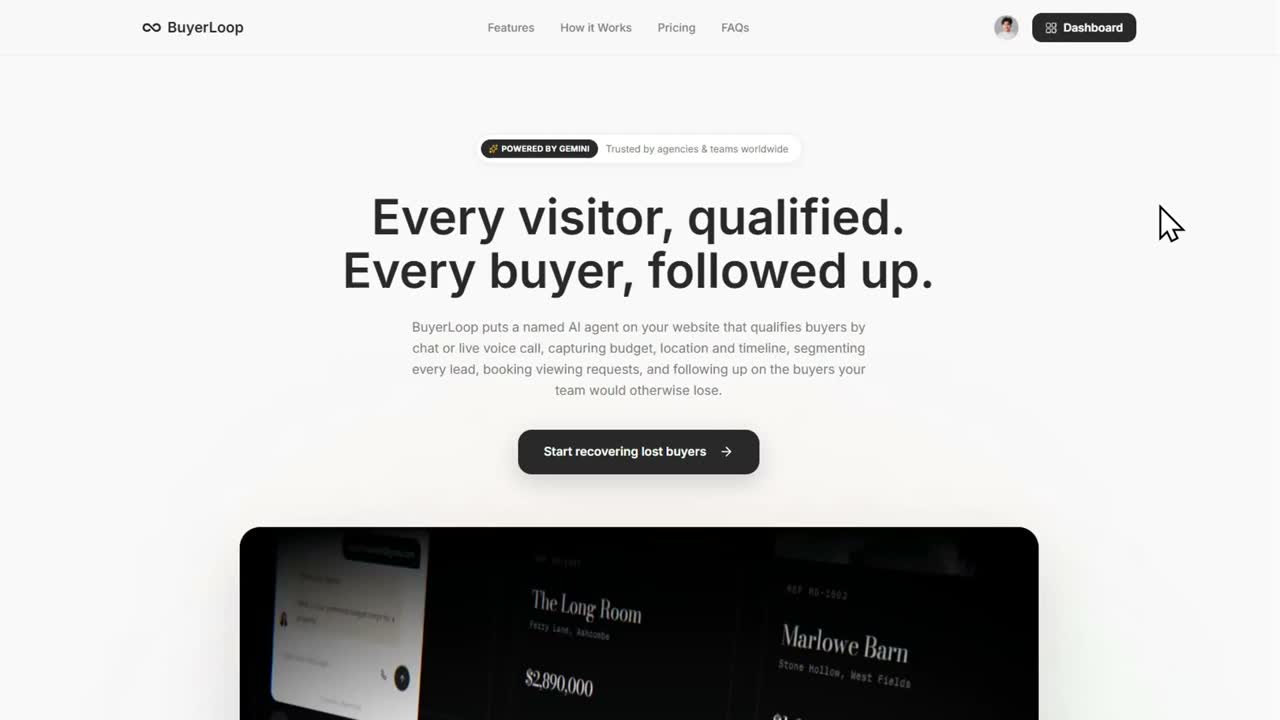 BuyerLoop dashboard showing qualified leads and the AI agent editor