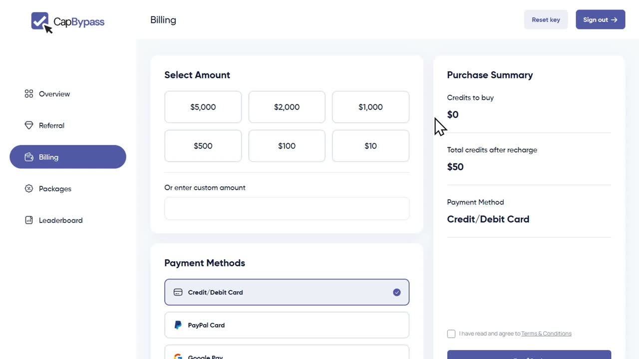 CapByPass billing page
